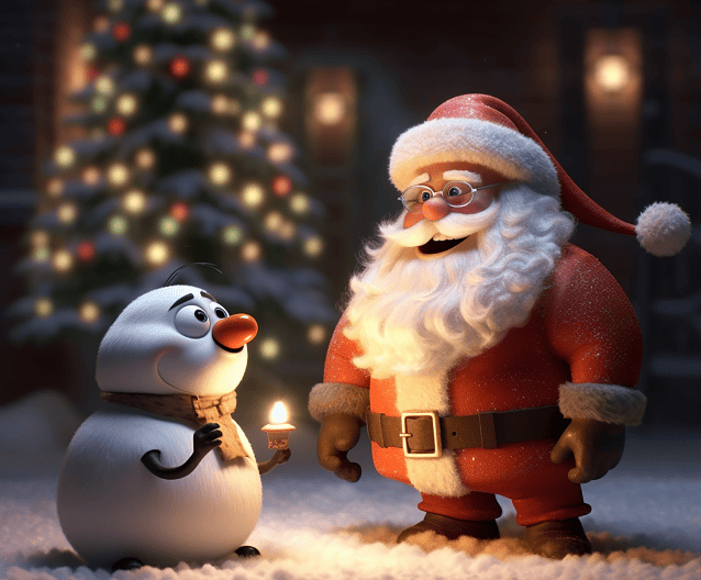 Santa Claus and snowman in a magical Christmas setting